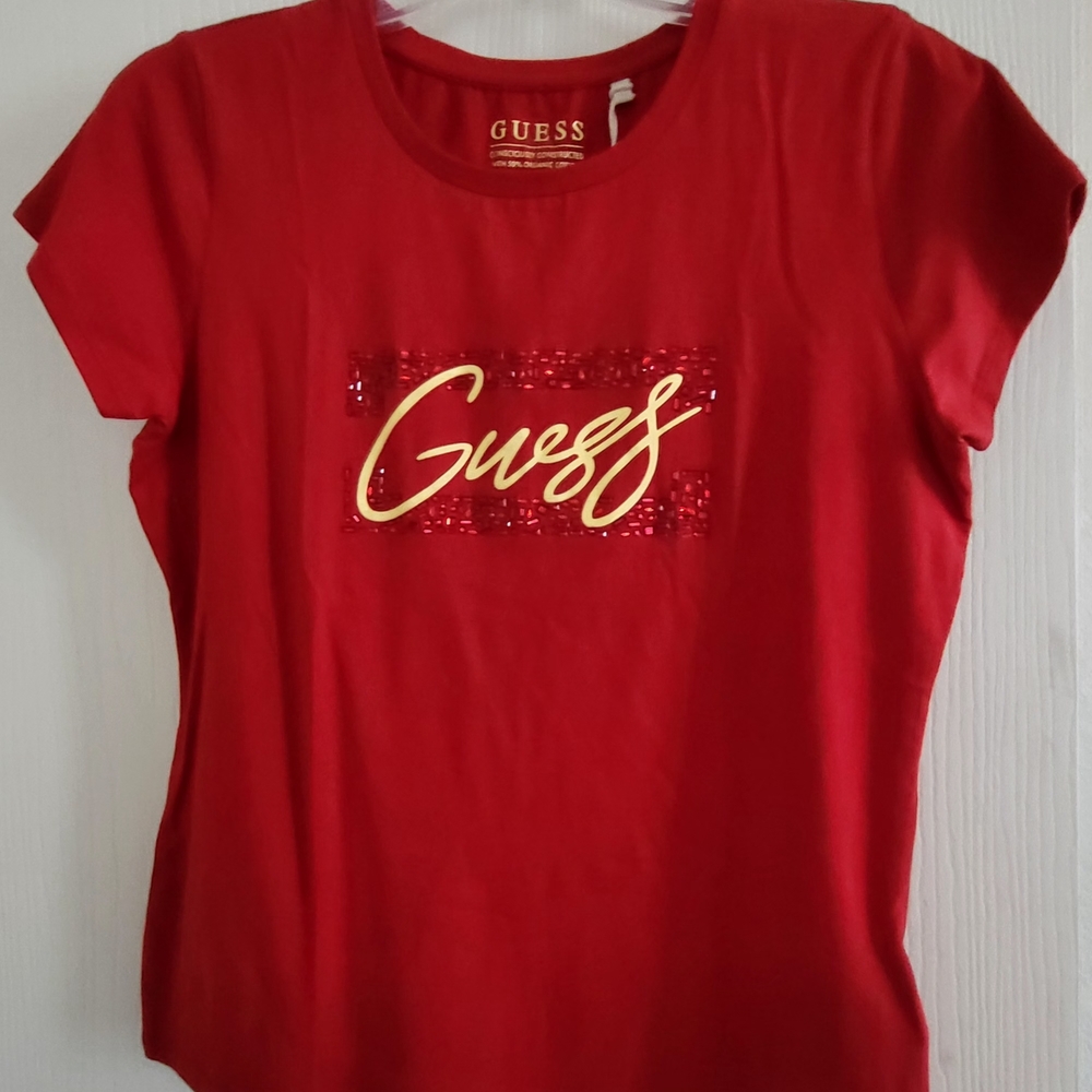 1 Guess Red Tee with Gold Sequin Logo  NEW w Tags
